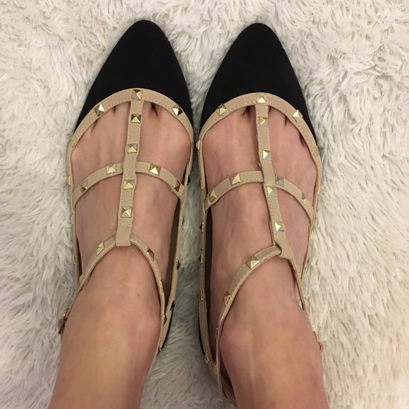 đź’•Bamboo Suede Studded T-Strap Pointed Toe Flats - Picture 1 of 8